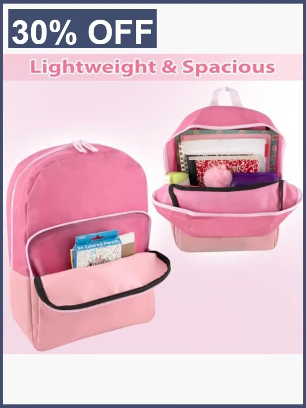 Pink 15 Inch Kids Backpack with Padded Straps, Fits 13 Inch Laptop, Lightweight
